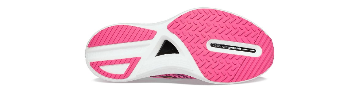 Zdjęcie podeszwy zewnętrznej damskich różowych butów Saucony Endorphin Pro 3